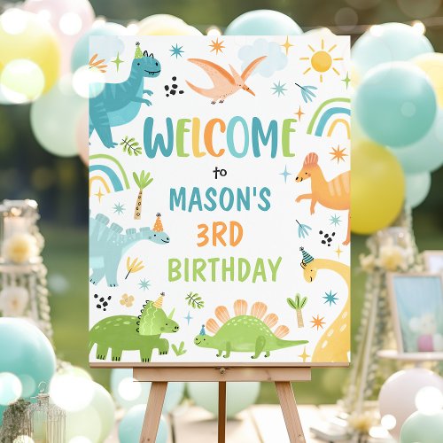 Boy Blue Dinosaur Birthday Party Welcome Poster