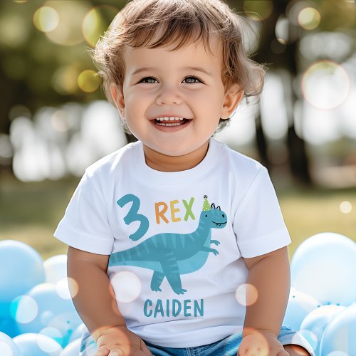Boy Blue Dinosaur Three Rex 3rd Birthday Party  Baby T_Shirt