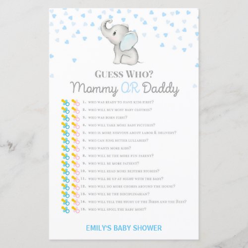 Boy Blue Elephant Baby Shower Game PRINTED