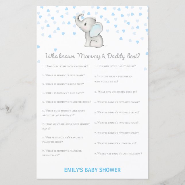Boy Blue Elephant Baby Shower Game PRINTED (Front)