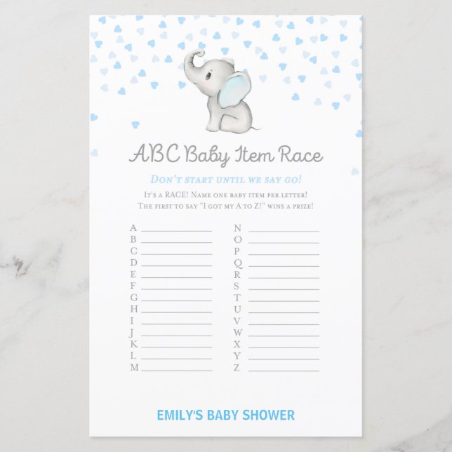 Boy Blue Elephant Baby Shower Game PRINTED (Front)