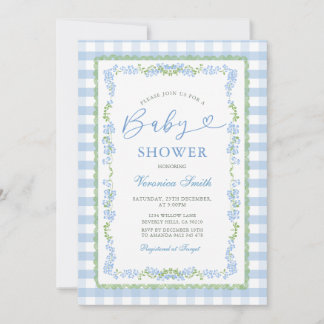 Boy Blue Floral Grandmillenial Baby Shower Gingham Invitation
