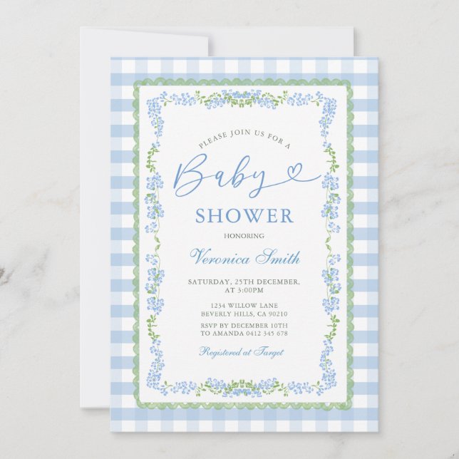 Boy Blue Floral Grandmillenial Baby Shower Gingham Invitation (Front)