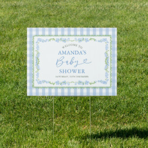 Boy Blue Floral Grandmillenial Baby Shower Gingham Sign