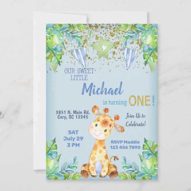 Boy blue giraffe 1st birthday invitation. invitation (Front)