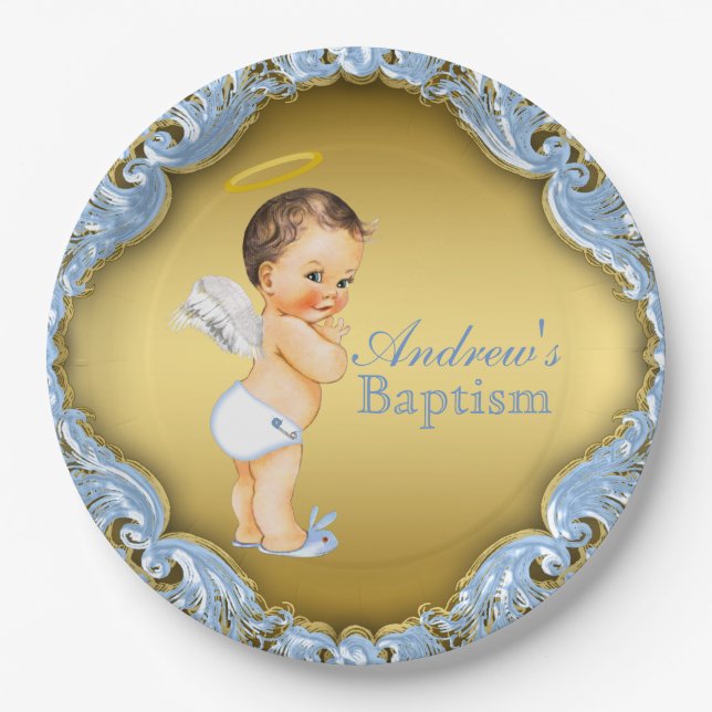Boy Blue Gold Angel Baptism Christening Paper Plates (Front)