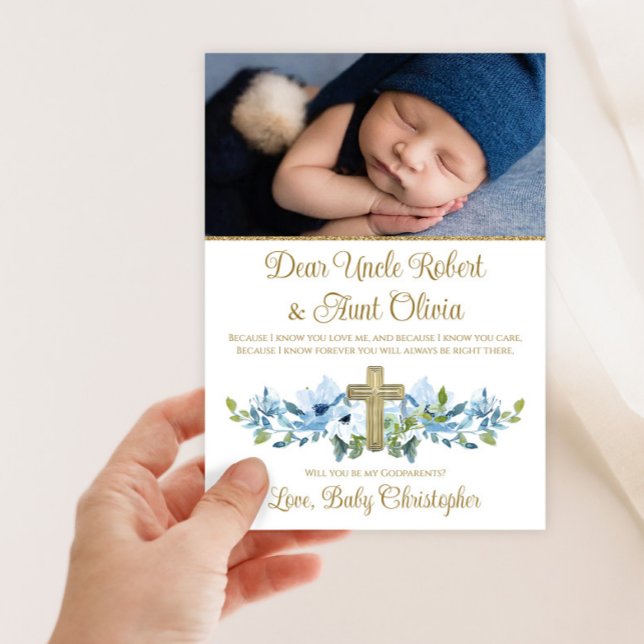 Boy Blue Gold Cross Photo Godparent Invitation (Boy blue and gold photo Godparent invitation. Simply add your photo and details.)