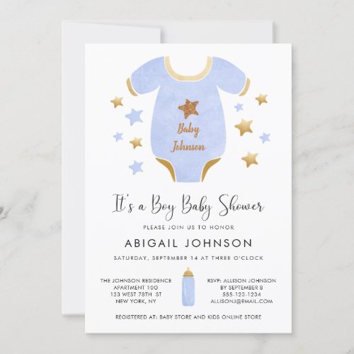 Boy Blue Gold Watercolor Retro Baby Shower Invitation