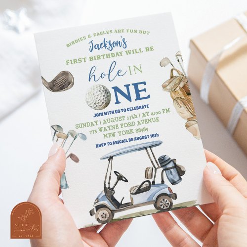 Boy Blue Golf Hole in One Outdoor Birthday Invitation