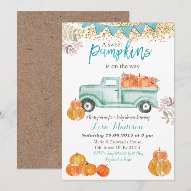 Boy Blue Green Mint Pumpkin baby shower Invitation (Front/Back)
