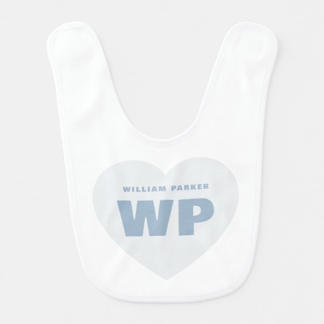 Boy Blue Heart Monogram Newborn Blue Custom Baby Bib (Front)