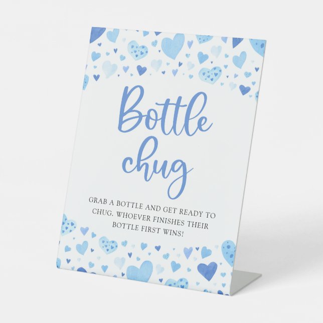 Boy Blue Hearts Valentine Bottle Chug Baby Shower Pedestal Sign (Front)
