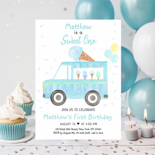 Boy Blue Ice Cream Truck Sweet One Birthday Invitation