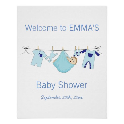 Boy Blue illustration Baby Shower Party Welcome  Poster