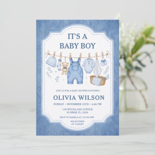 Boy Blue Jean Clothesline Baby Shower  Invitation