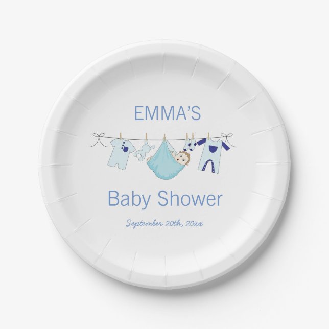Boy Blue Laundry Clothesline Baby Shower Paper Plates (Front)