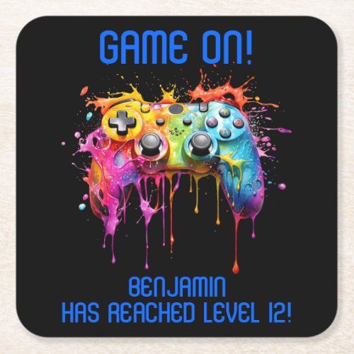 Boy Blue Level Up Video Game Party Square Paper Coaster