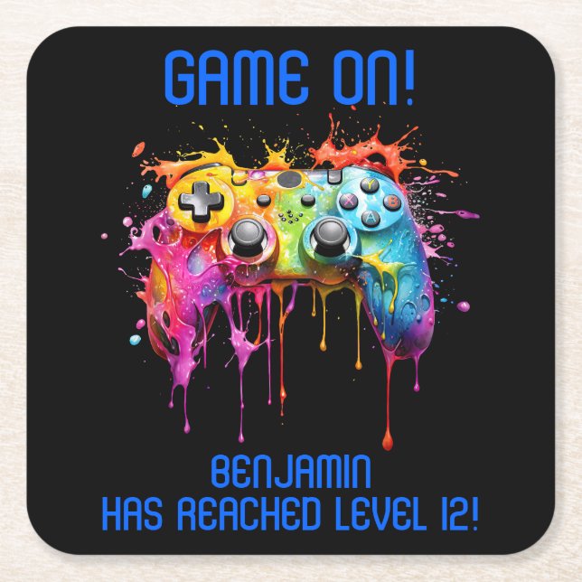 Boy Blue Level Up Video Game Party Square Paper Coaster (Front)
