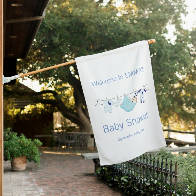 Boy Blue Modern Clothesline Baby Shower Welcome  House Flag (In SItu)