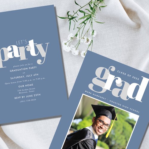 Boy Blue Modern Photo Graduation Party Invitation