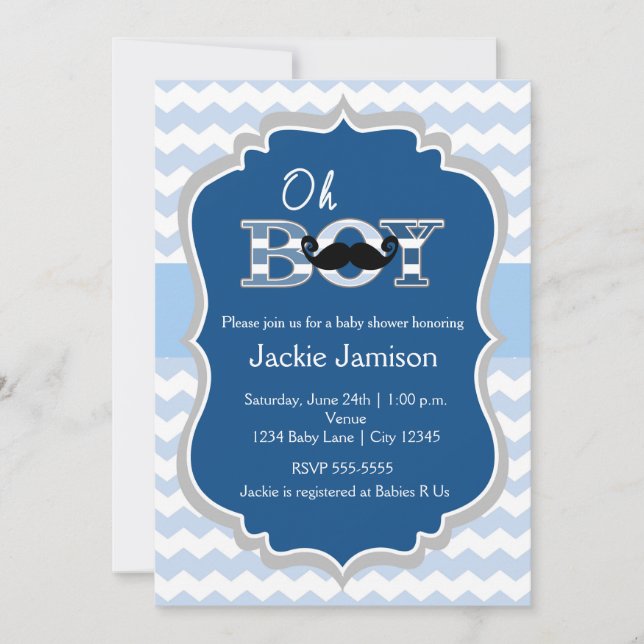 Boy Blue Mustache Chevron Baby Shower Invitation (Front)