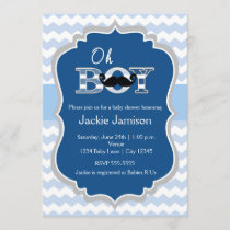 Boy Blue Mustache Chevron Baby Shower Invitation