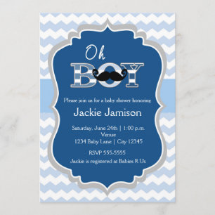 Boy Blue Mustache Chevron Baby Shower Invitation