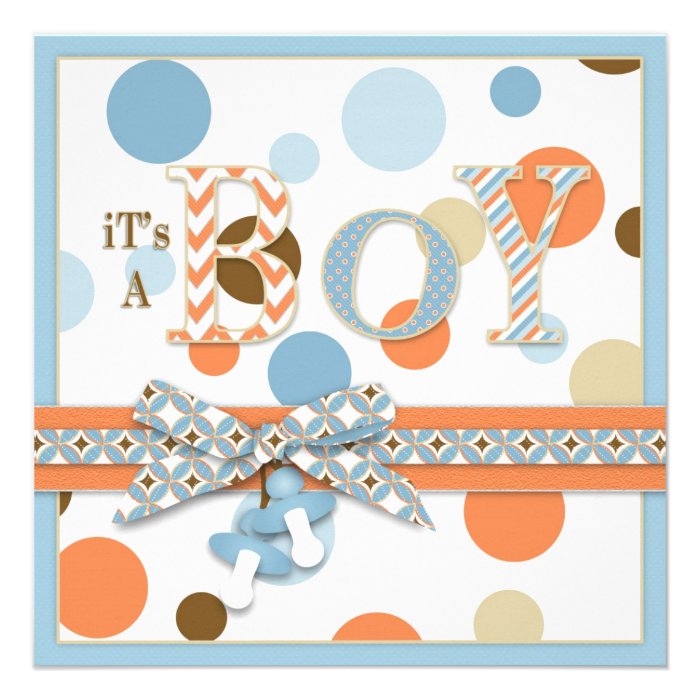 BOY Blue Orange Brown Dots Baby Shower Announcement