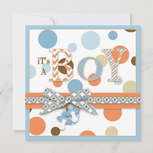 BOY Blue Orange Brown Dots Baby Shower Invitation