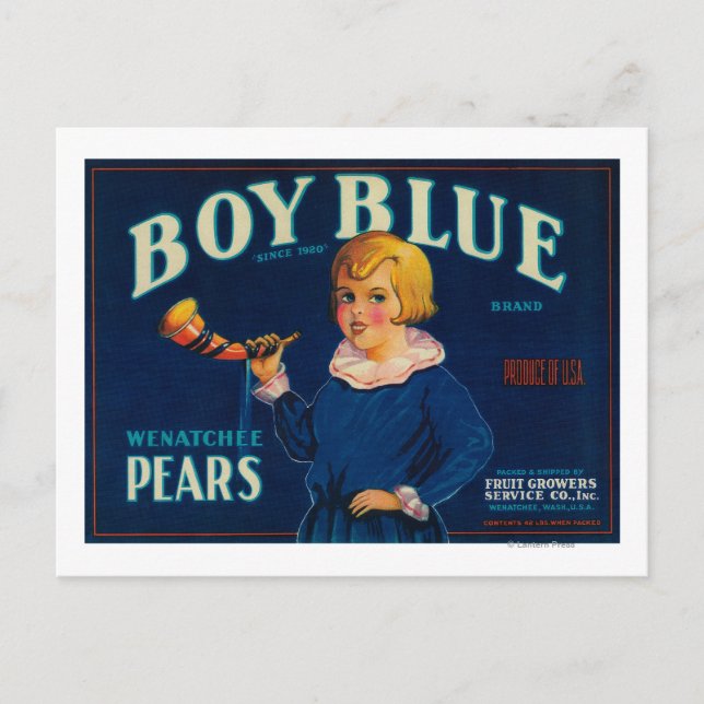 Boy Blue Pear Crate Label Postcard (Front)