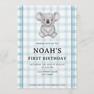 Boy Blue Plaid Koala 1st Birthday Party Invitation