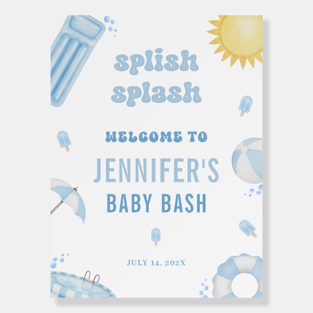Boy Blue Pool Party Baby Shower Welcome Sign (Front)
