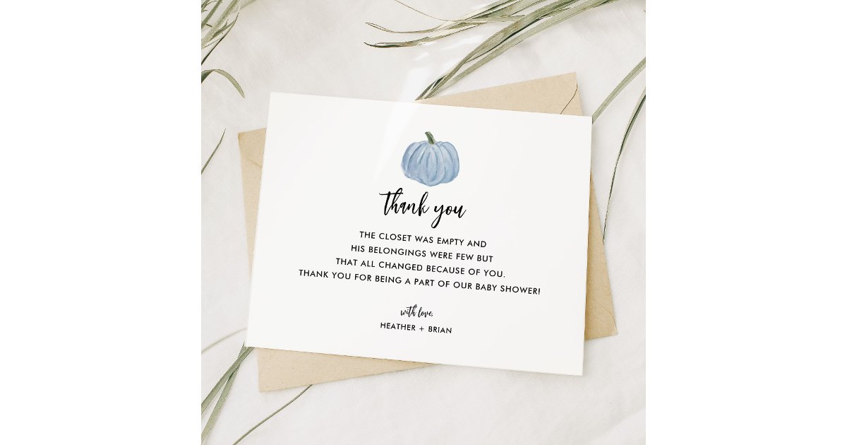 Boy Blue Pumpkin Baby Shower Thank You Card | Zazzle
