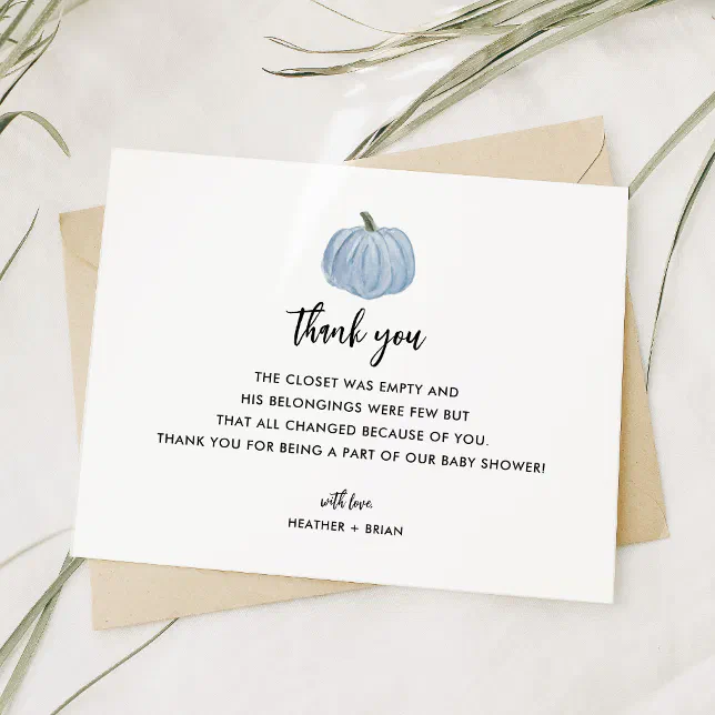 Boy Blue Pumpkin Baby Shower Thank You Card | Zazzle