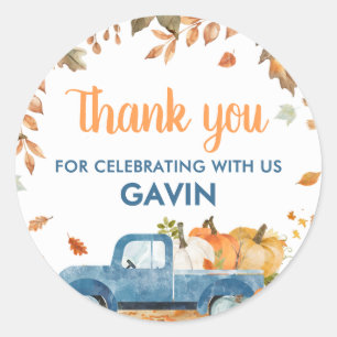 Boy Blue Pumpkin Truck Fall Birthday Classic Round Sticker