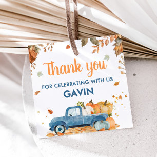 Boy Blue Pumpkin Truck Fall Birthday Square Favor Tags