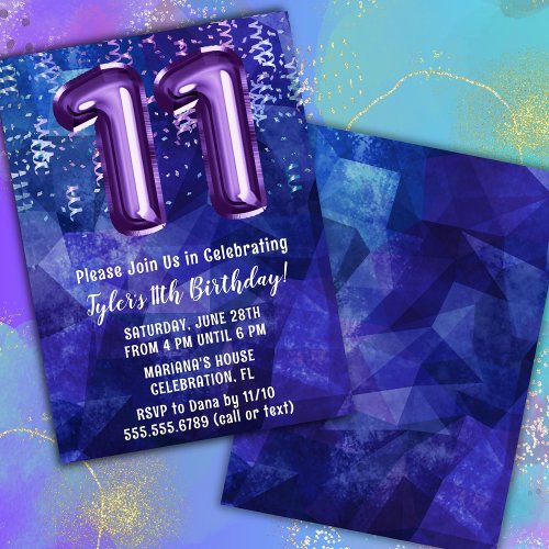 Boy Blue Purple 11th Birthday Invitation