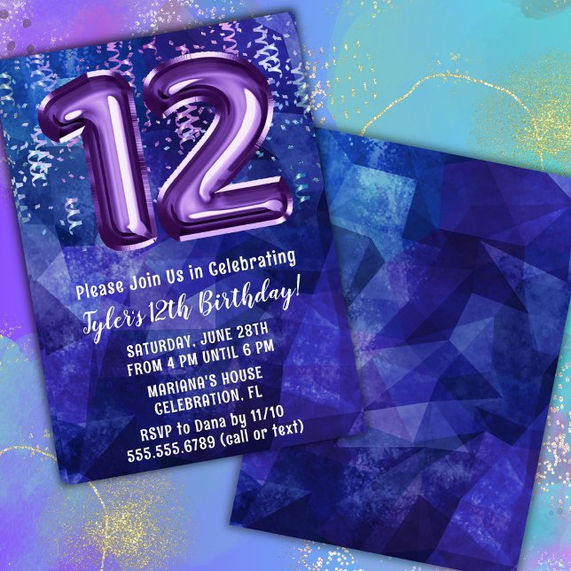 Boy Blue Purple 12th Birthday Invitation (Creator Uploaded)
