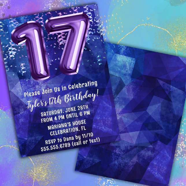 Boy Blue Purple 17th Birthday Invitation (Creator Uploaded)