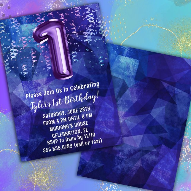 Boy Blue Purple 1st Birthday Invitation (Creator Uploaded)