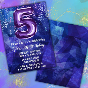 Boy Blue Purple 5th Birthday Invitation by WittyPrintables at Zazzle