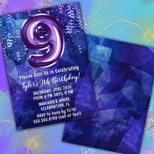 Boy Blue Purple 9th Birthday Invitation