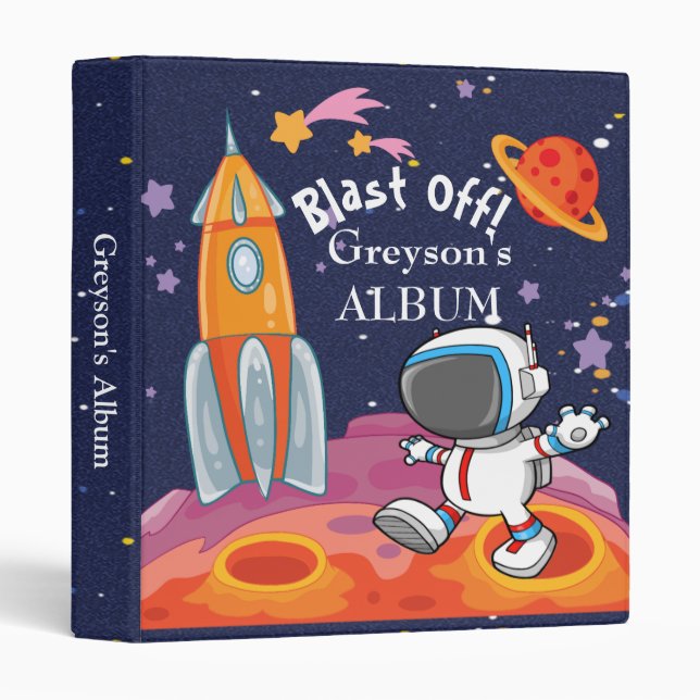 Boy Blue Rocket Ship Photo Album 3 Ring Binder (Front/Spine)