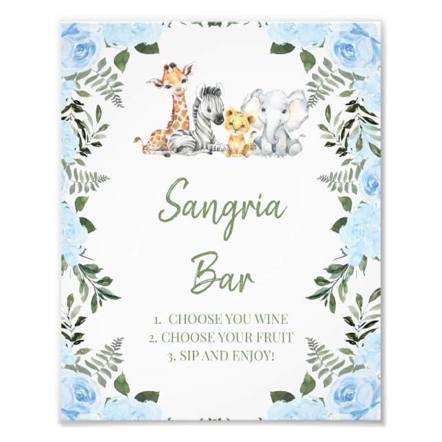 Boy Blue Roses Safari Baby Shower Sangria Bar Sign (Front)