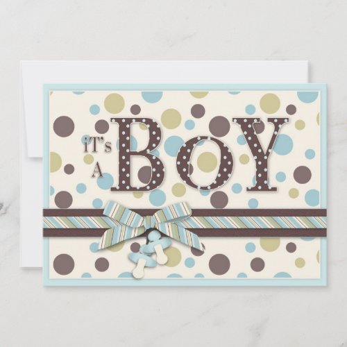 BOY Blue Sage Brown Dots Baby Shower Invitation