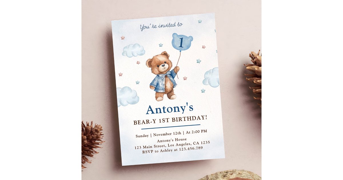 Boy Blue Teddy Bear Balloons First Birthday Invitation | Zazzle