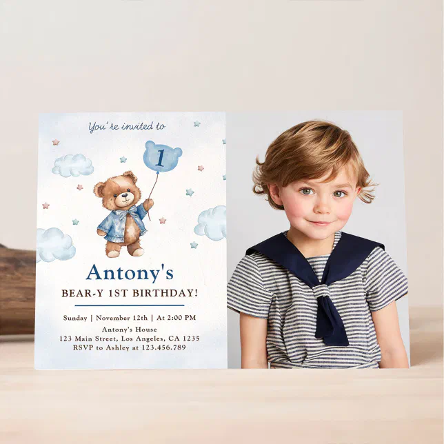 Boy Blue Teddy Bear Balloons First Birthday Photo Invitation | Zazzle