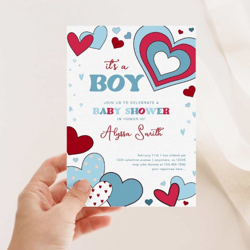 Boy Blue Valentines Day Hearts Baby Shower Invitation