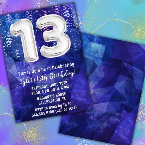 Boy Blue White 13th Birthday Invitation