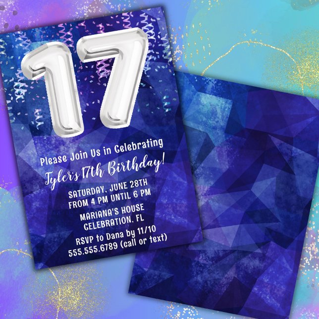 Boy Blue White 17th Birthday Invitation (Creator Uploaded)